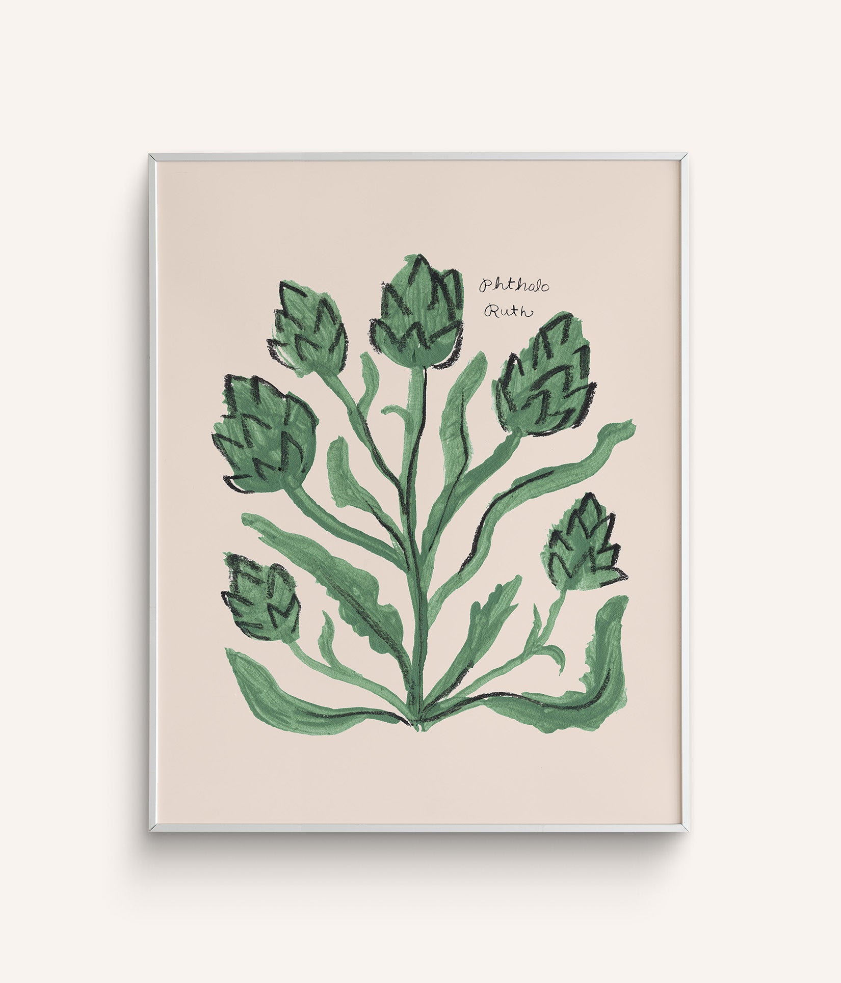 This print features hand-painted dark green artichokes connected by their stems on a white background.
