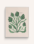 This print features hand-painted dark green artichokes connected by their stems on a white background.