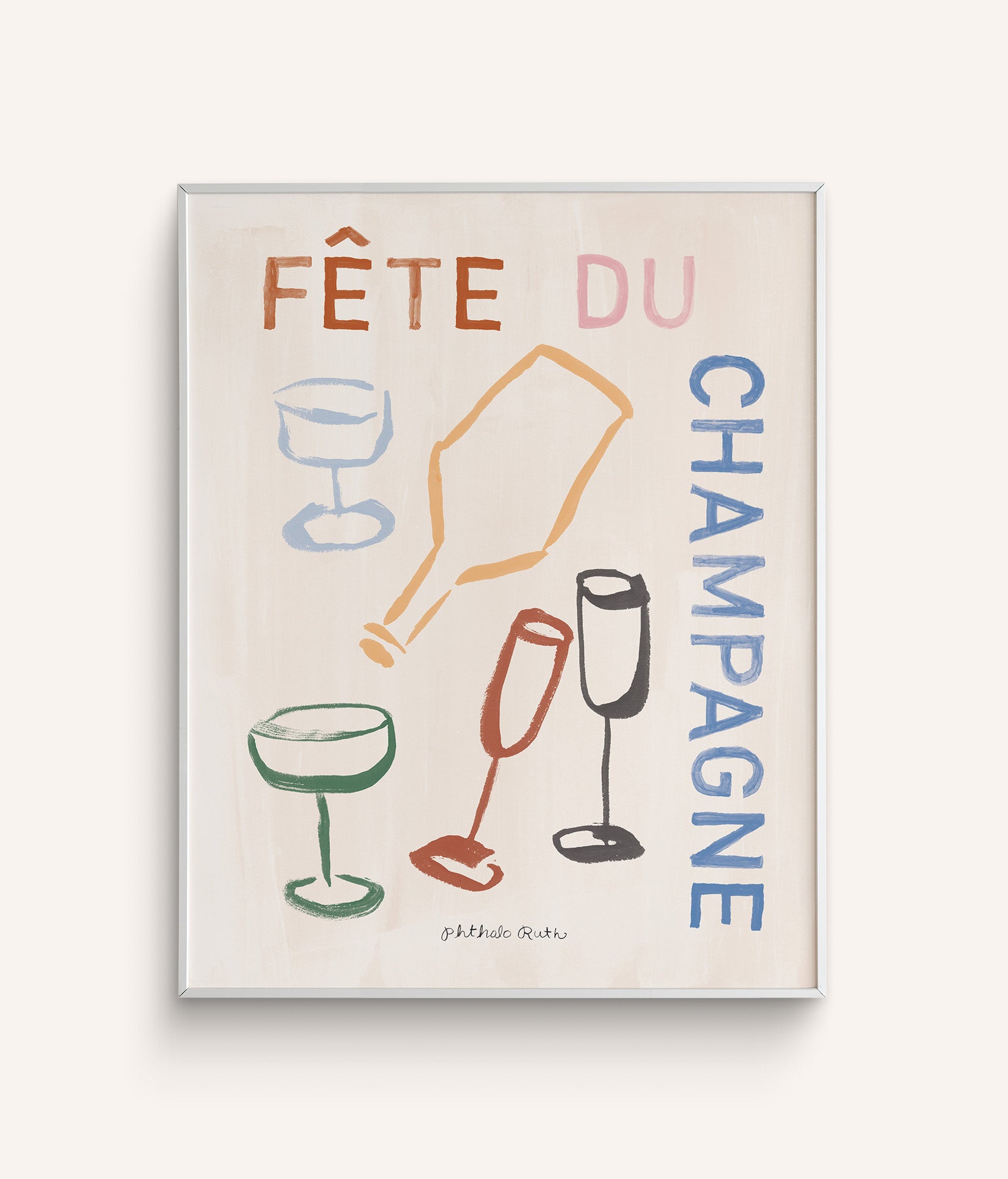 A hand-painted art print featuring the phrase “Fete Du Champagne” around a hand drawn champagne bottle and glasses in various colors, on a white background.