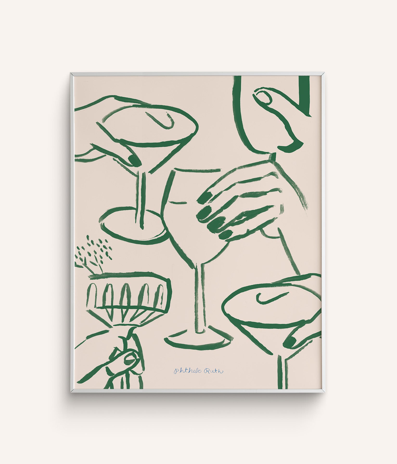 A hand-painted art print with hands holding glasses in a toast in green, on a white background.