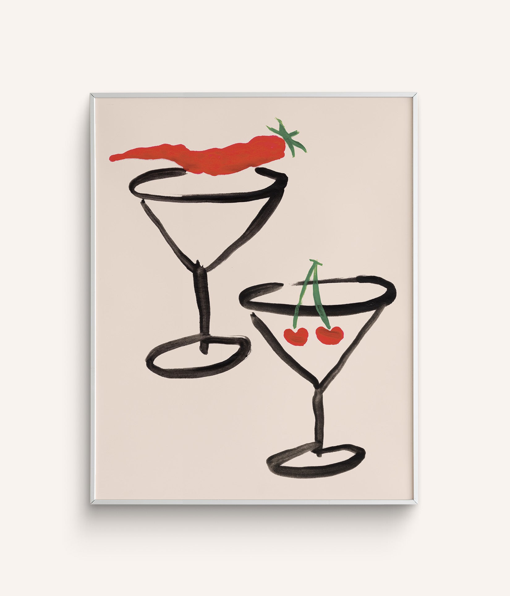 Hand-painted art print featuring two martini glasses, one with a red chili, and one with two cherries on a white background.