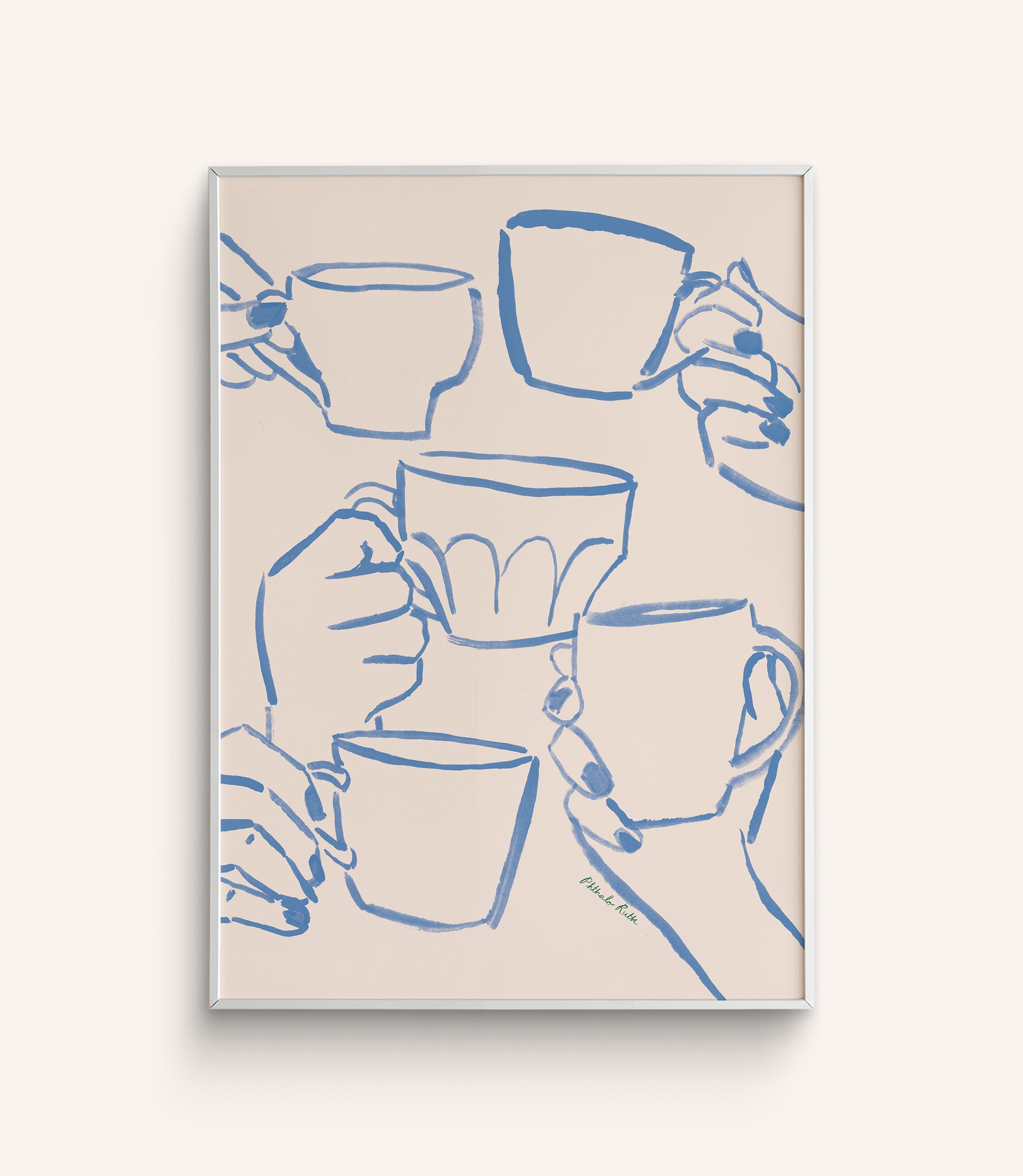 "Cafe Du Jour" features hands holding mugs in a cheerful toast hand-painted in blue, on a white background.