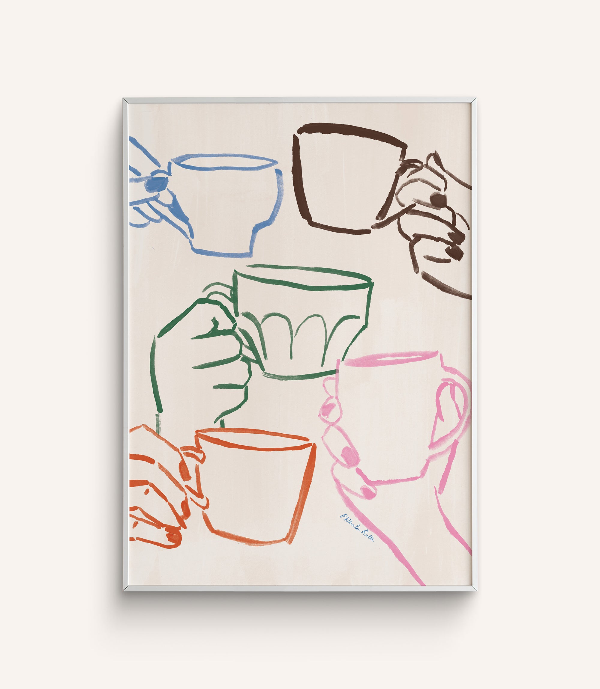 "Cafe Du Jour" features hands holding mugs in a cheerful toast hand-painted in multiple colors, on a white background.