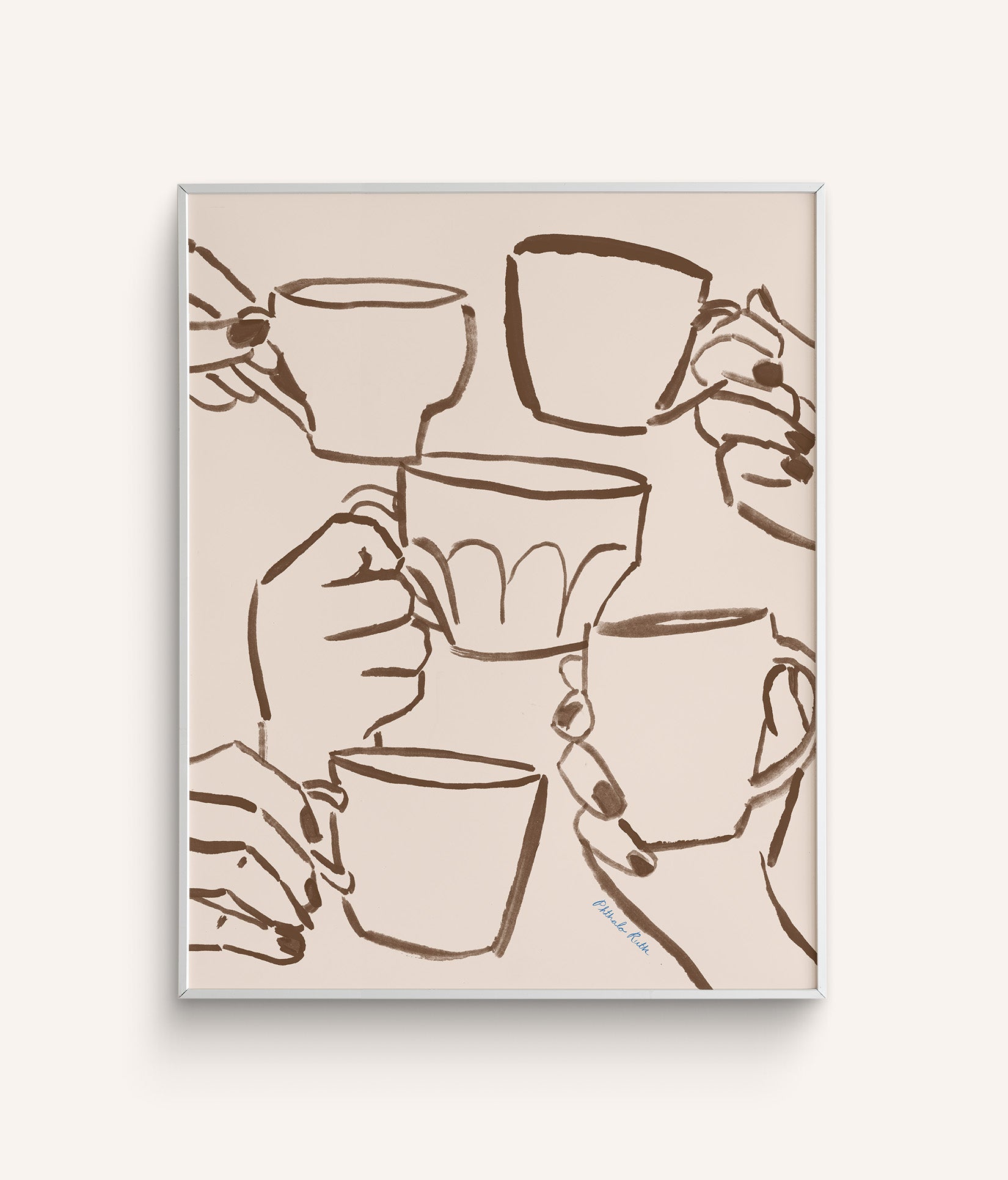 "Cafe Du Jour" features hands holding mugs in a cheerful toast hand-painted in brown, on a white background.