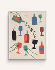 A vintage-style art print featuring multiple colorful wine bottles and glasses arranged around the word "Santé" written in a dark green font on a white background.