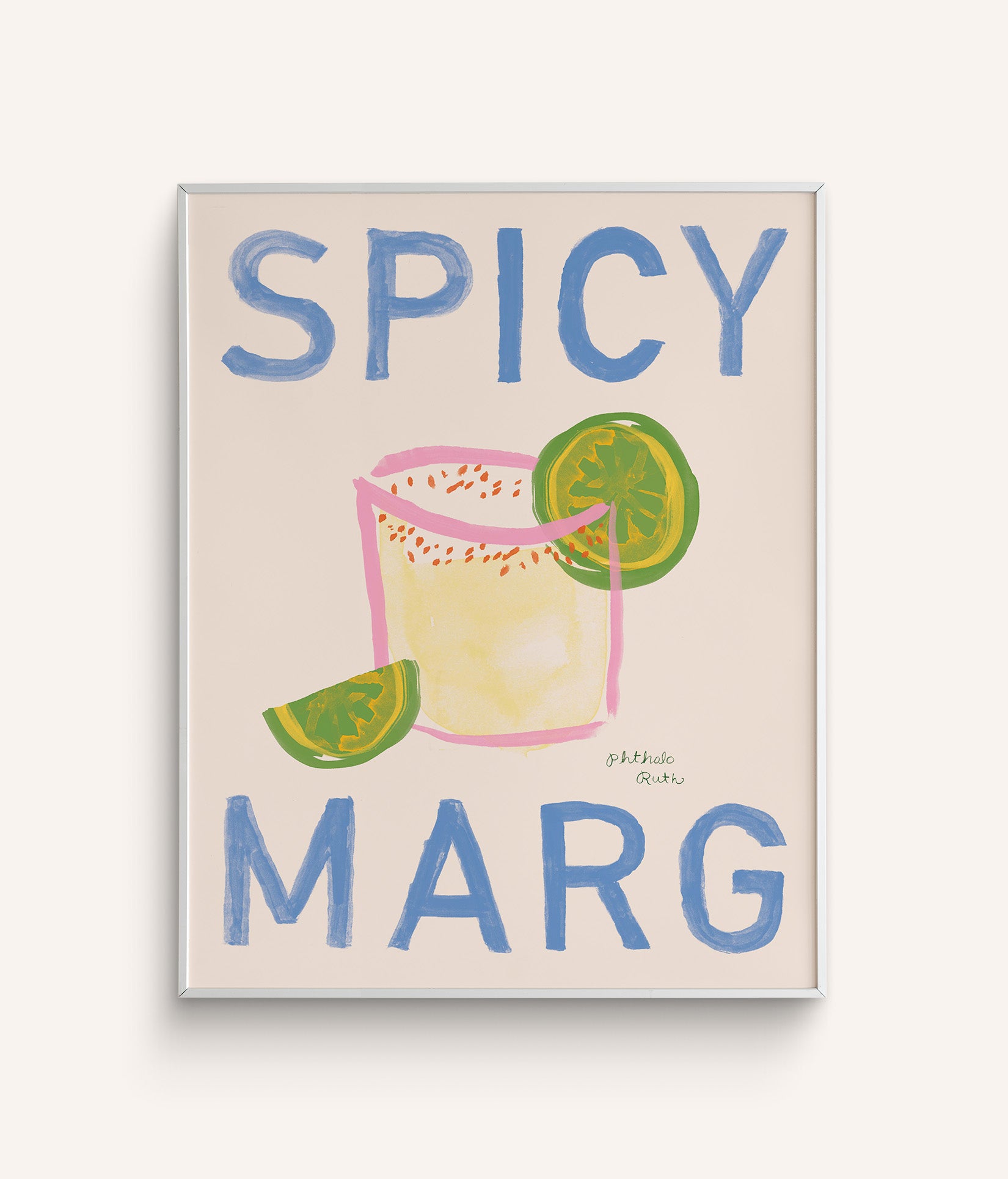 A hand-painted art print featuring a margarita with a lime wedge and the text "Spicy Marg" in blue lettering on a white background.