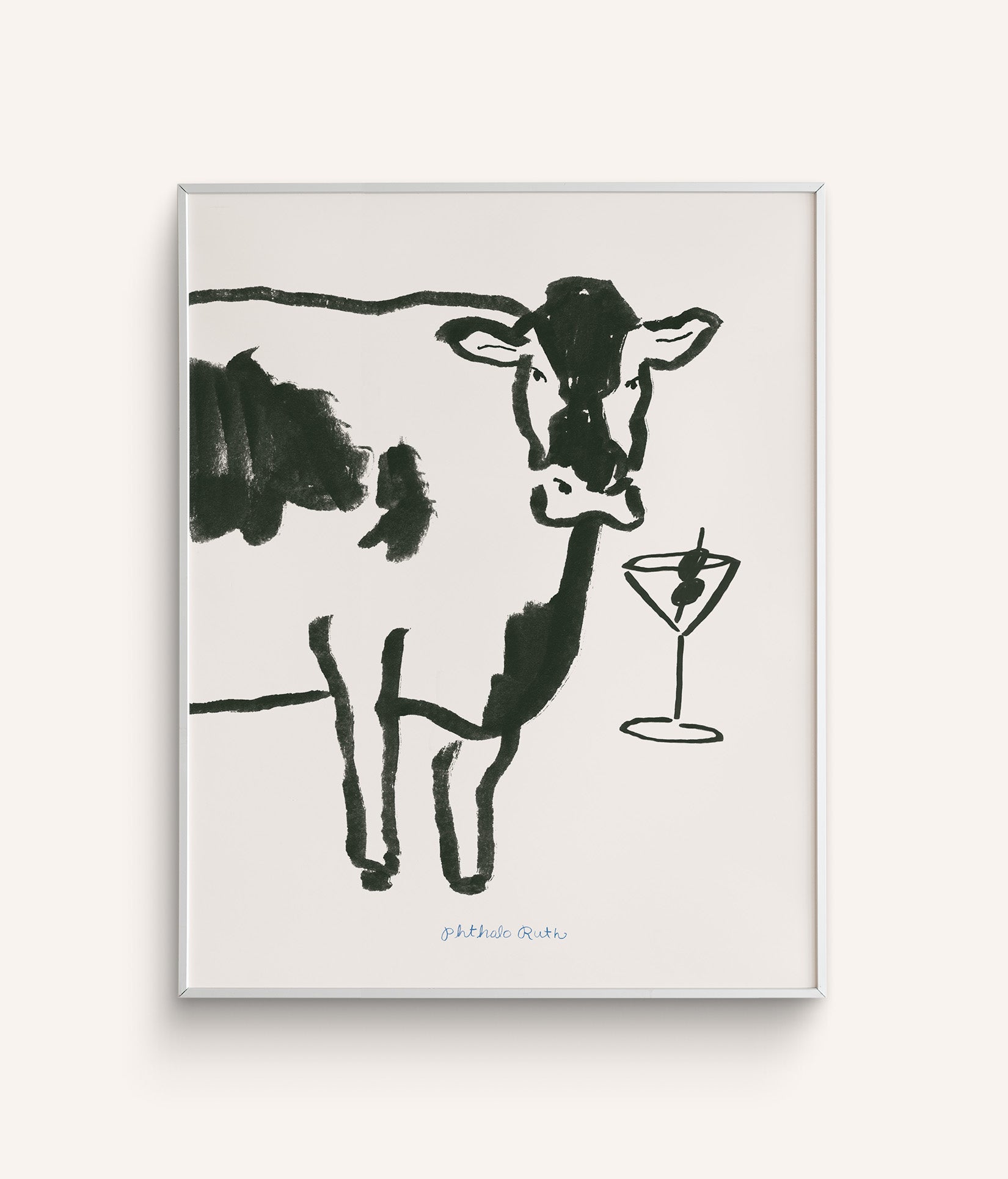 Art Print "Moo-tini" features a hand-painted black and white cow with a martini glass. The martini glass has an olive skewer in it.
