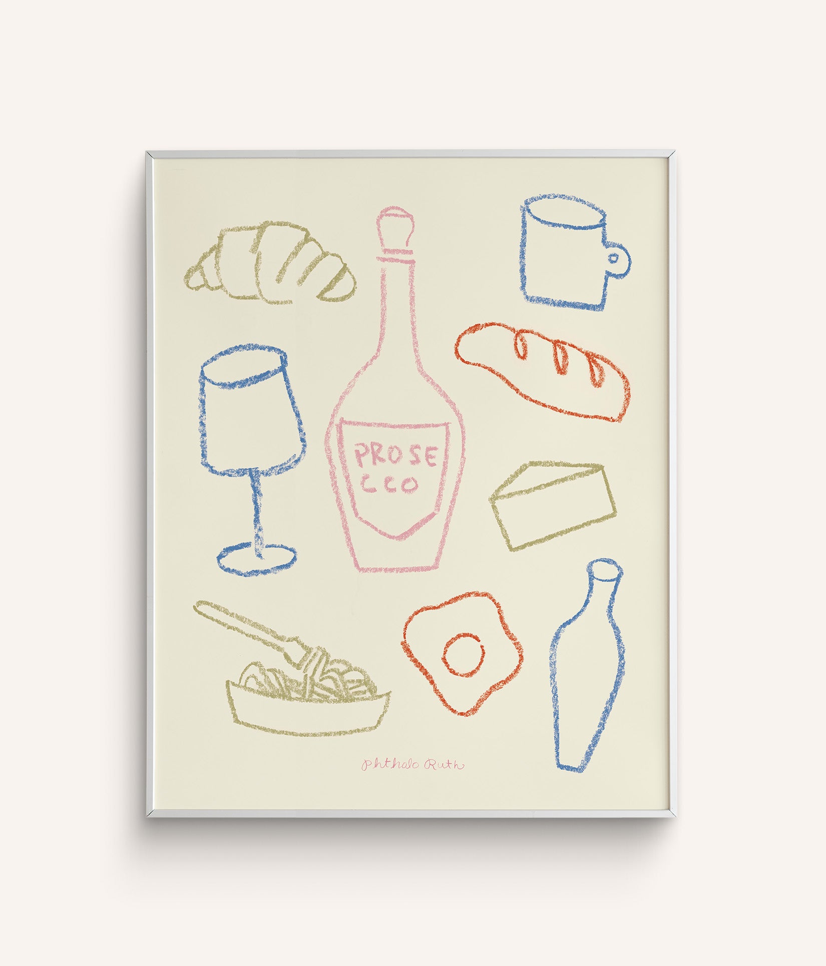 A colorful print with a bottle of Prosecco, varying glasses, and a delicious spread of cheese, bread, and pastry and other food items on a white background.