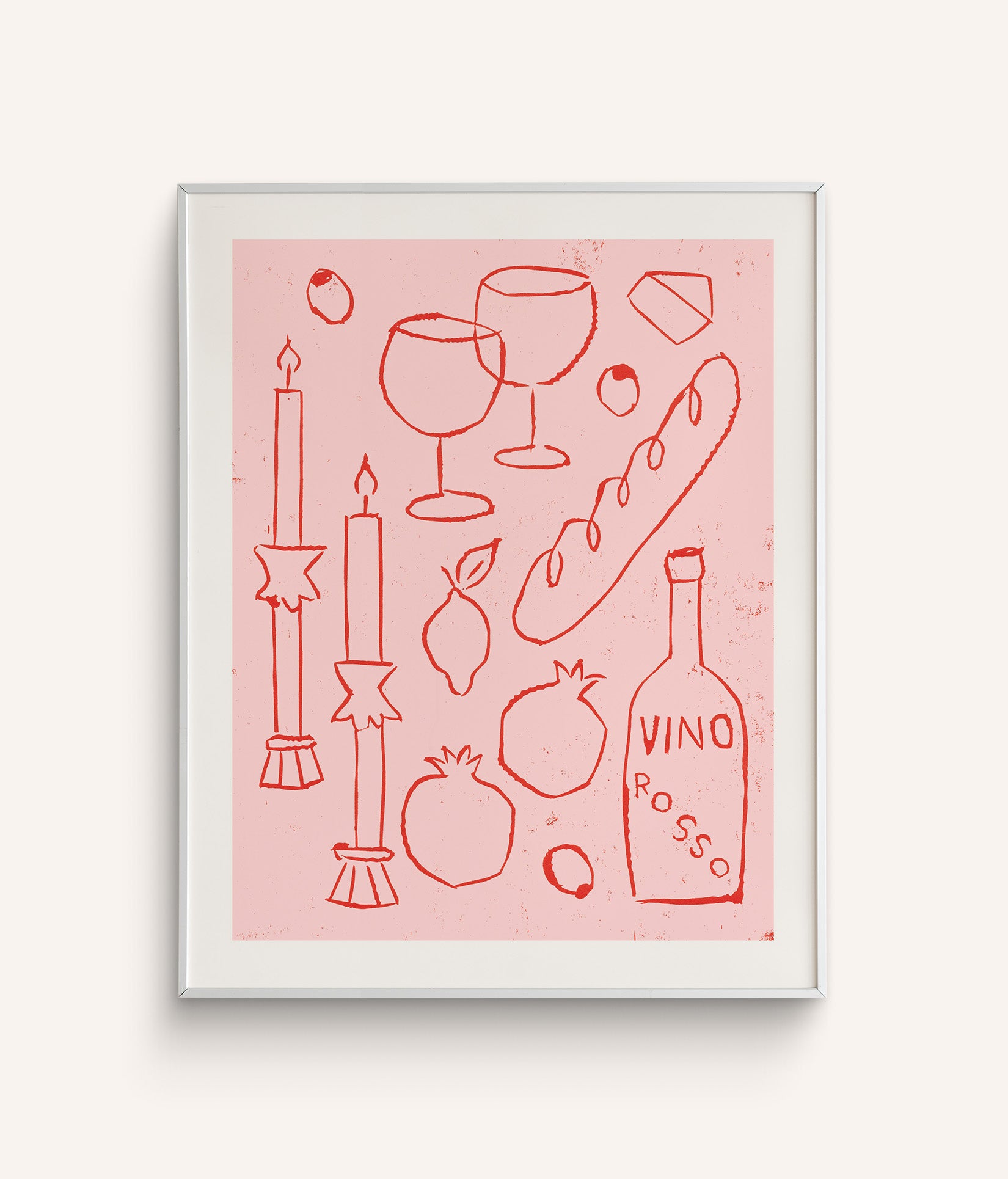 Bar Cart Print "Vino Rosso" features a pink background with a glasses of wine, baguette, cheese, assorted fruit, and olives.