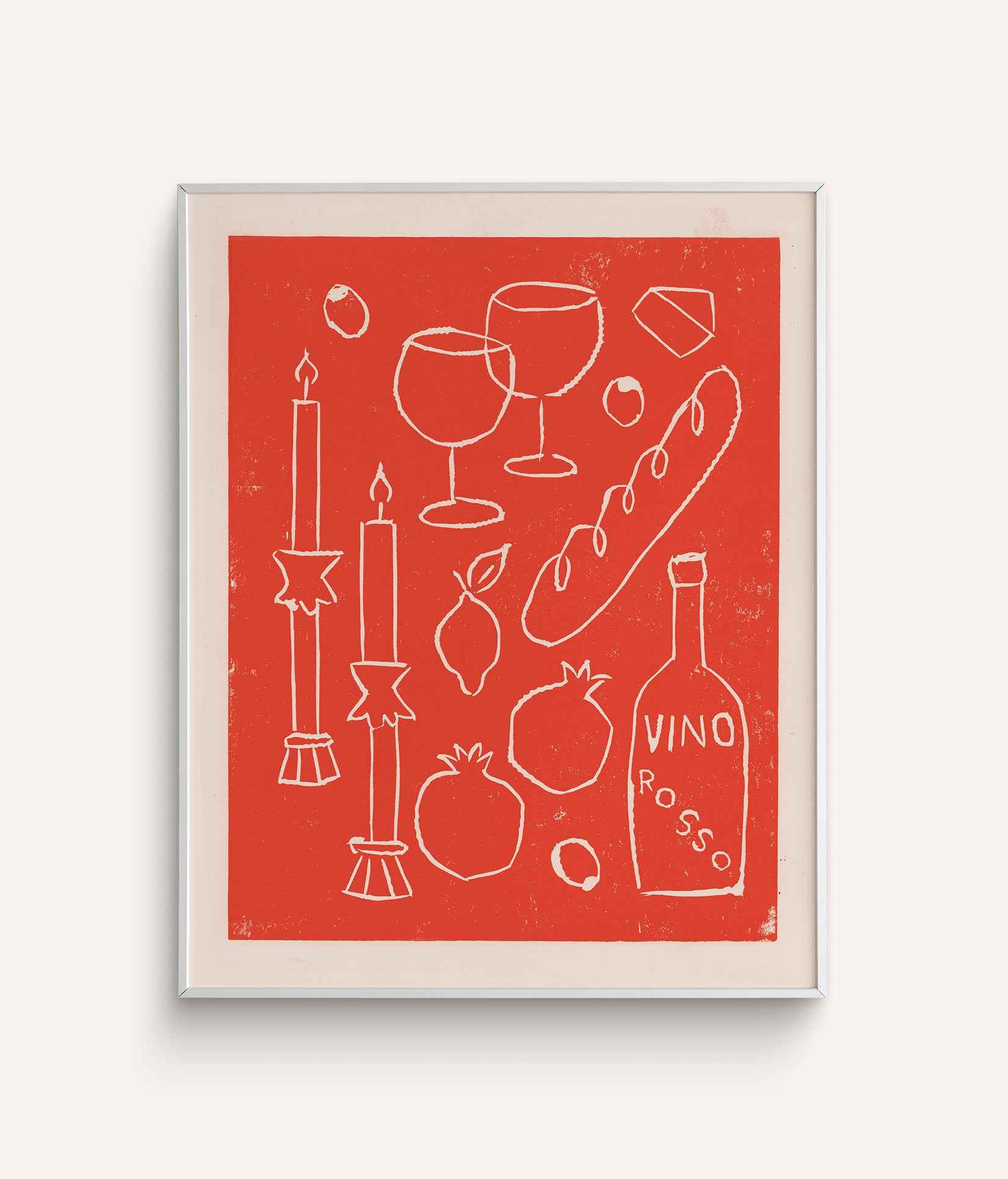 Bar Cart Print "Vino Rosso" features a red background with a glasses of wine, baguette, cheese, assorted fruit, and olives.