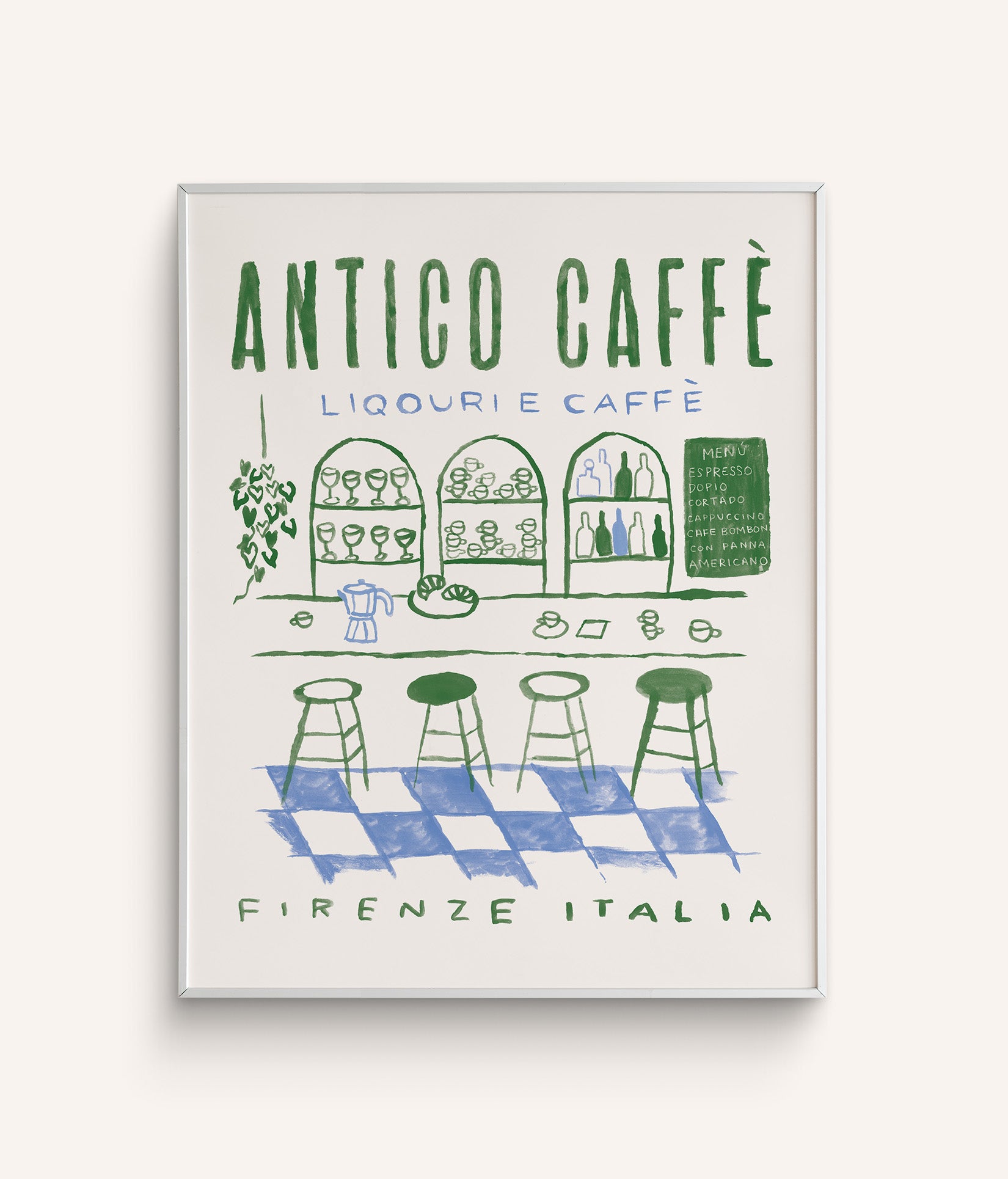 A hand-painted illustration of an Italian cafe with a menu, stools, various glasses and snacks visible. The phrases Antico Caffe, Liqouri Caffe, and Firenze Italia are written in different fonts, all on a white background.