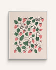 A colorful art print featuring clusters of ripe pink strawberries with green leaves and small flowers on a white background.