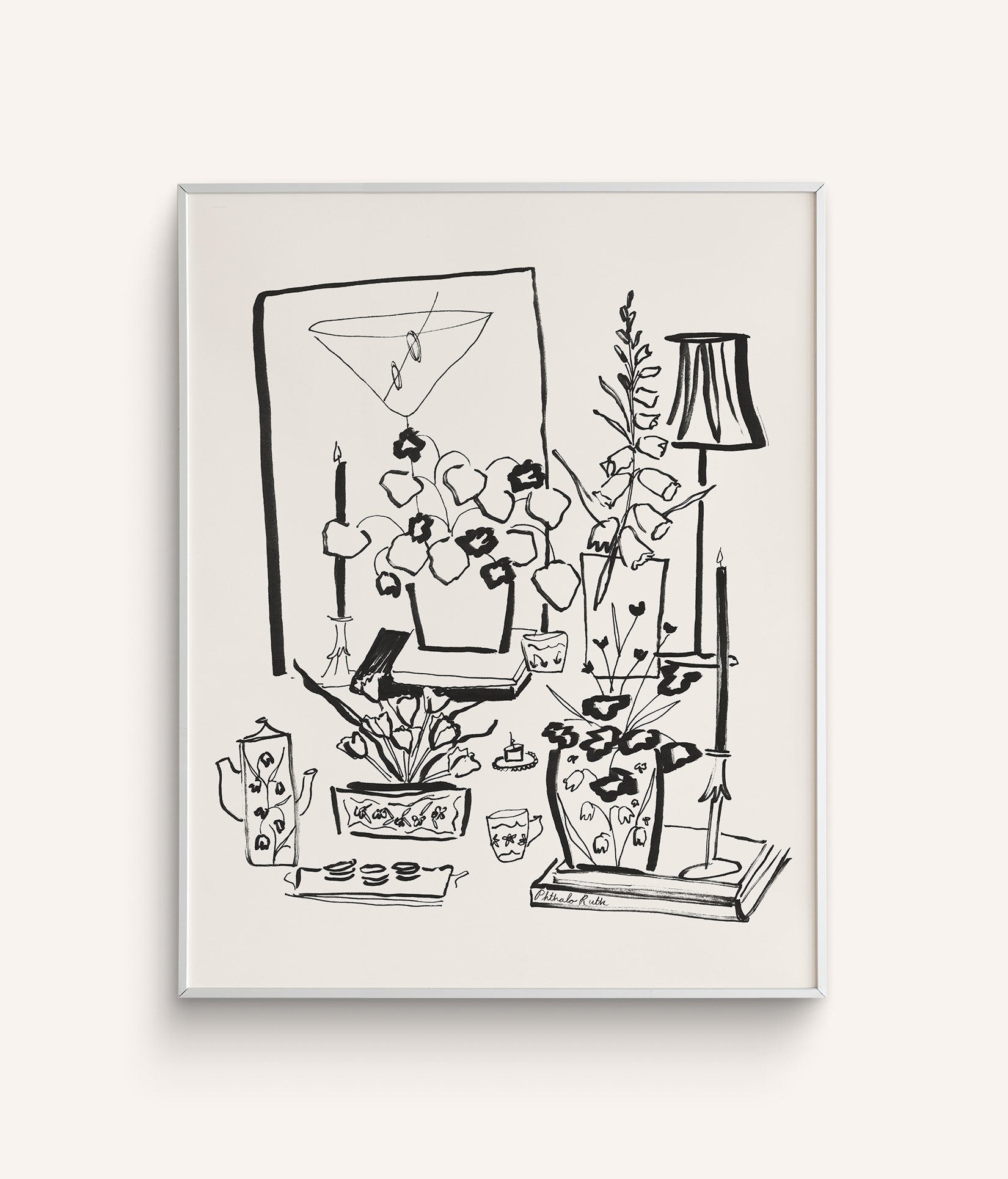 Black and white art print featuring a tea set, vases with flowers, candles, a picture of a martini and books all atop a table on a white background.