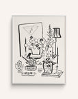 Black and white art print featuring a tea set, vases with flowers, candles, a picture of a martini and books all atop a table on a white background.