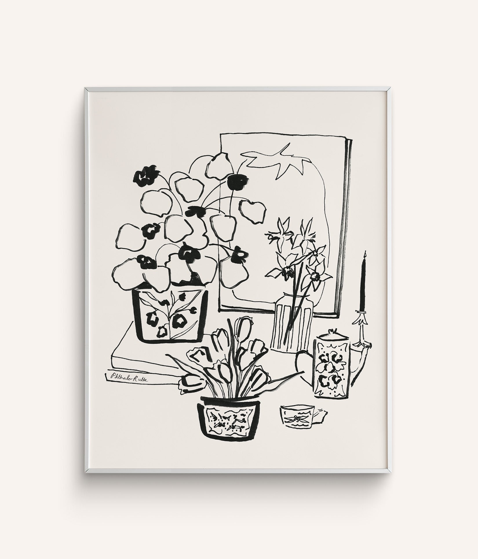 Black and white still life featuring tulips, a steaming cup of tea, a painting of a tomato, books, and a cup on a white background.