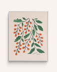 A playful art print featuring clusters of small red tomatoes on charcoal drawn vines and painted green leaves on a white background.