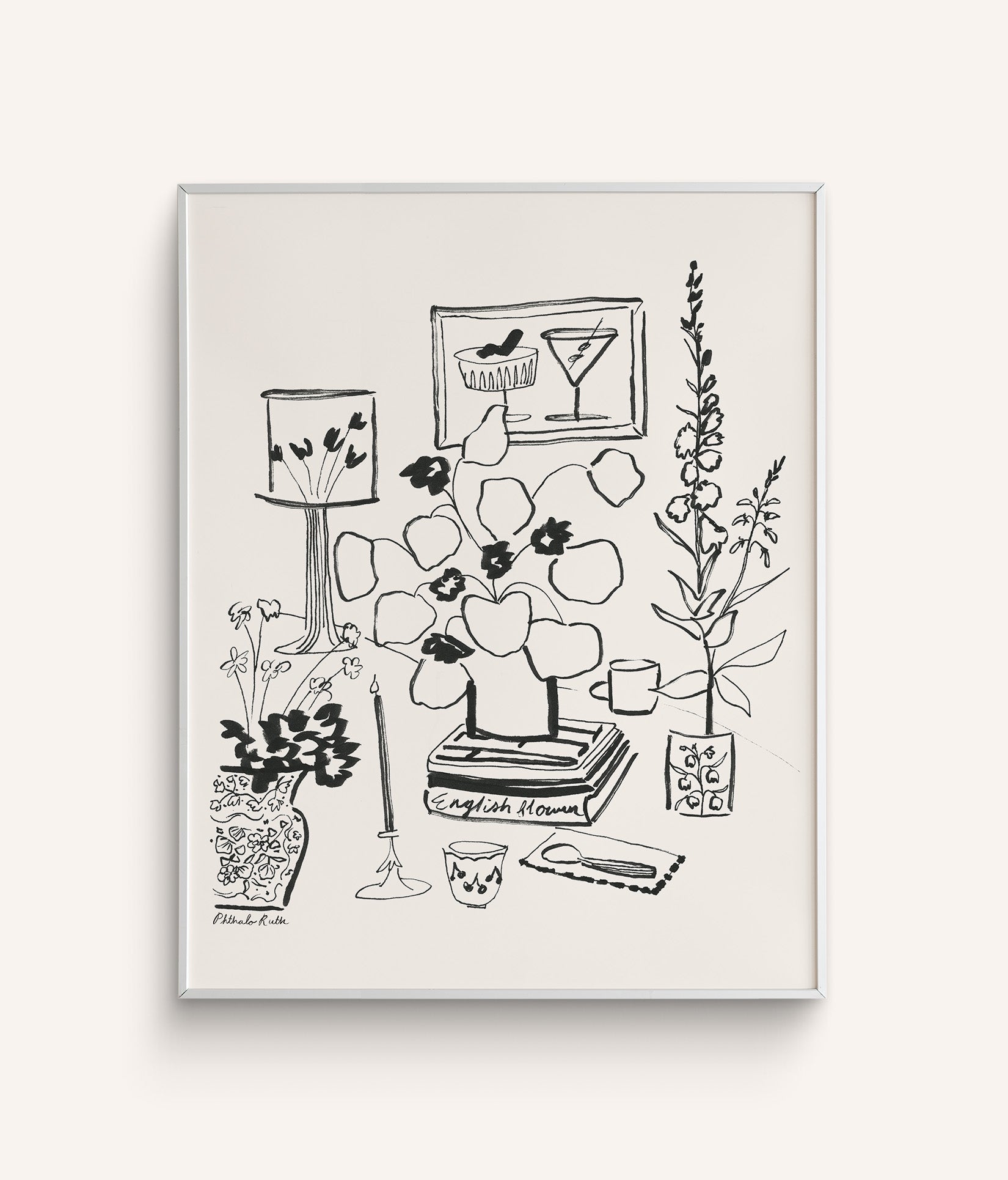 Blooms & Bobs Black and White Line Art Print