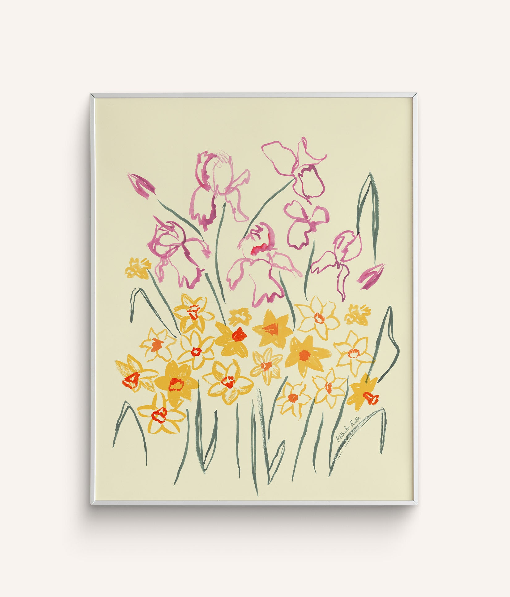 This art print features yellow and pink flowers, playfully drawn among greenery on a white background.