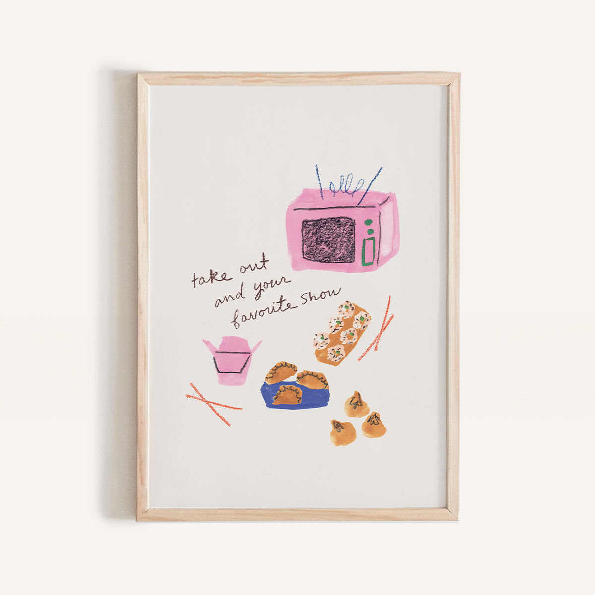 This mini print features a hand-painted assortment of take out dishes, with a TV and the phrase “Take out and your Favorite Show” on a white background.