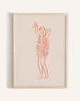 This mini print features a hand-drawn woman in all red with a dress made out of charcuterie essentials like meats, cheeses and fruits on a white background.