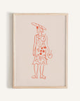 This mini print features a hand-drawn woman in all red with a dress made out of various dinner items like wine and cheeses, topped with a baguette hat on a white background.
