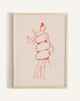 This mini print features a hand-drawn woman in all red with three olives as a dress, holding a martini glass in tall boots on a white background.