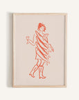 This mini print features a hand-drawn woman in all red with a dress of fish, martini in hand with cowboy boots on. All on a white background.