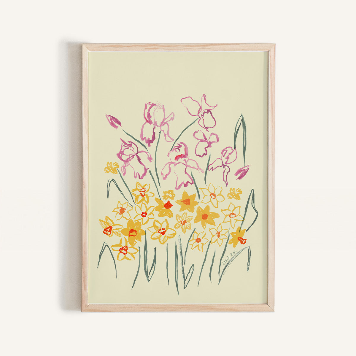 This mini print features yellow and pink flowers, playfully drawn among greenery on a white background.