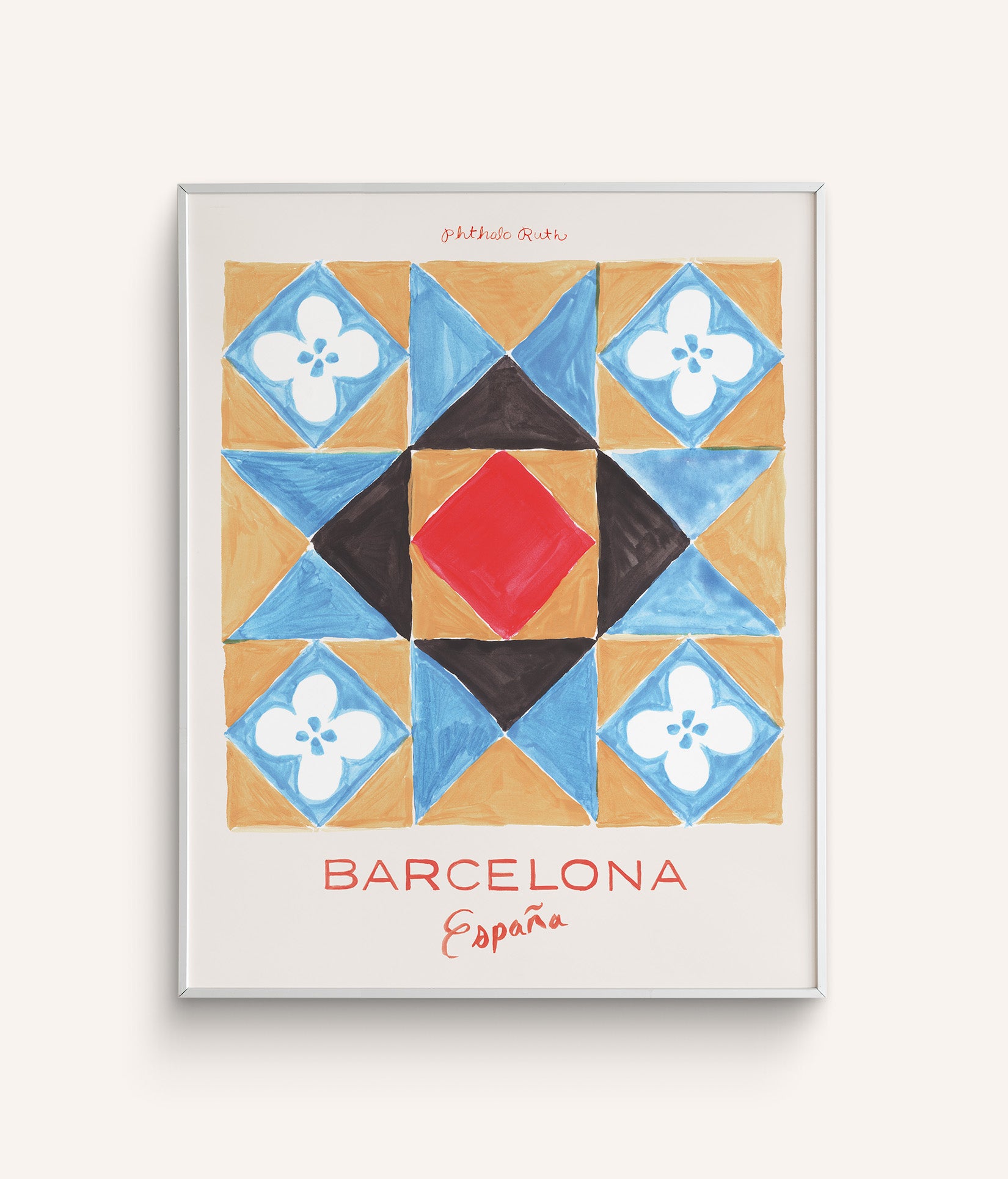This art print features a hand-painted mosaic style tile featuring touches of blue, red and black with the words Barcelona, Espana in red below on a white background. 