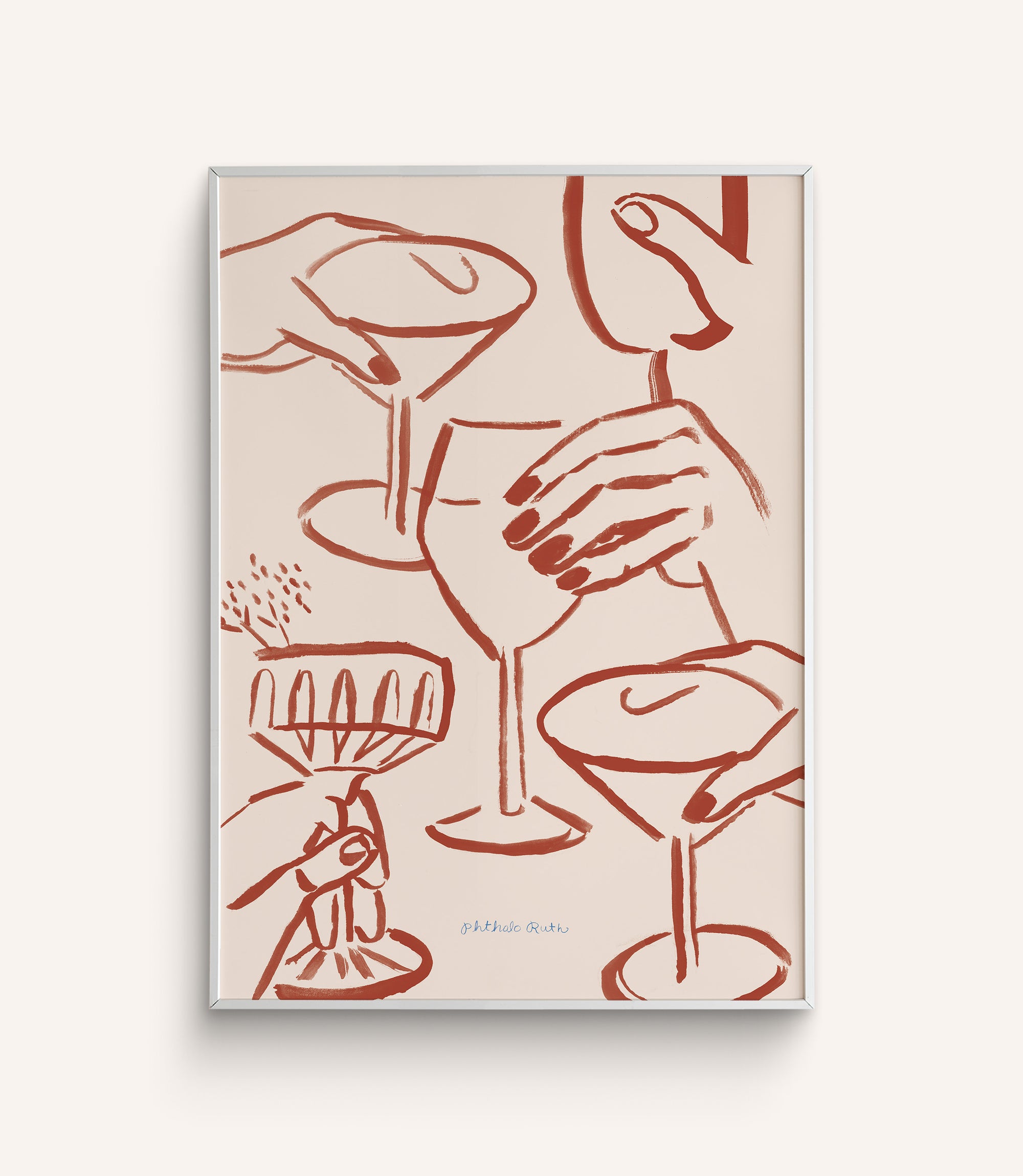A hand-painted art print with hands holding glasses in a toast in red, on a white background.