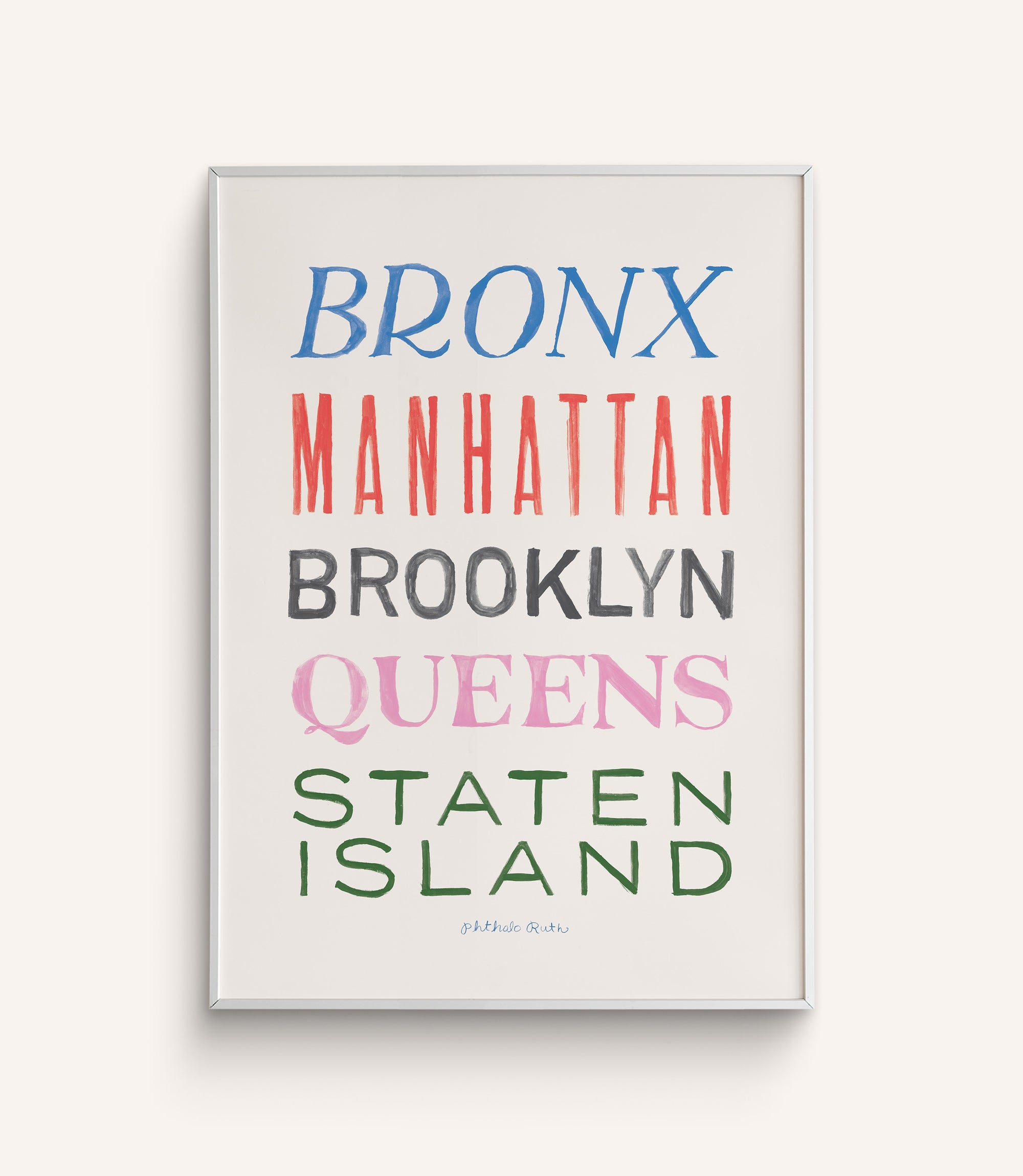An art print titled “Boroughs of New York City” displaying the names of five popular New York boroughs written in various colors and fonts. Featuring the Bronx, Manhattan, Brooklyn, Queens and Staten Island on a white background.