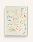 A colorful print with a bottle of Prosecco, varying glasses, and a delicious spread of cheese, bread, and pastry and other food items on a white background. 