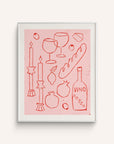 Bar Cart Print "Vino Rosso" features a pink background with a glasses of wine, baguette, cheese, assorted fruit, and olives.