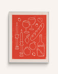 Bar Cart Print "Vino Rosso" features a red background with a glasses of wine, baguette, cheese, assorted fruit, and olives.