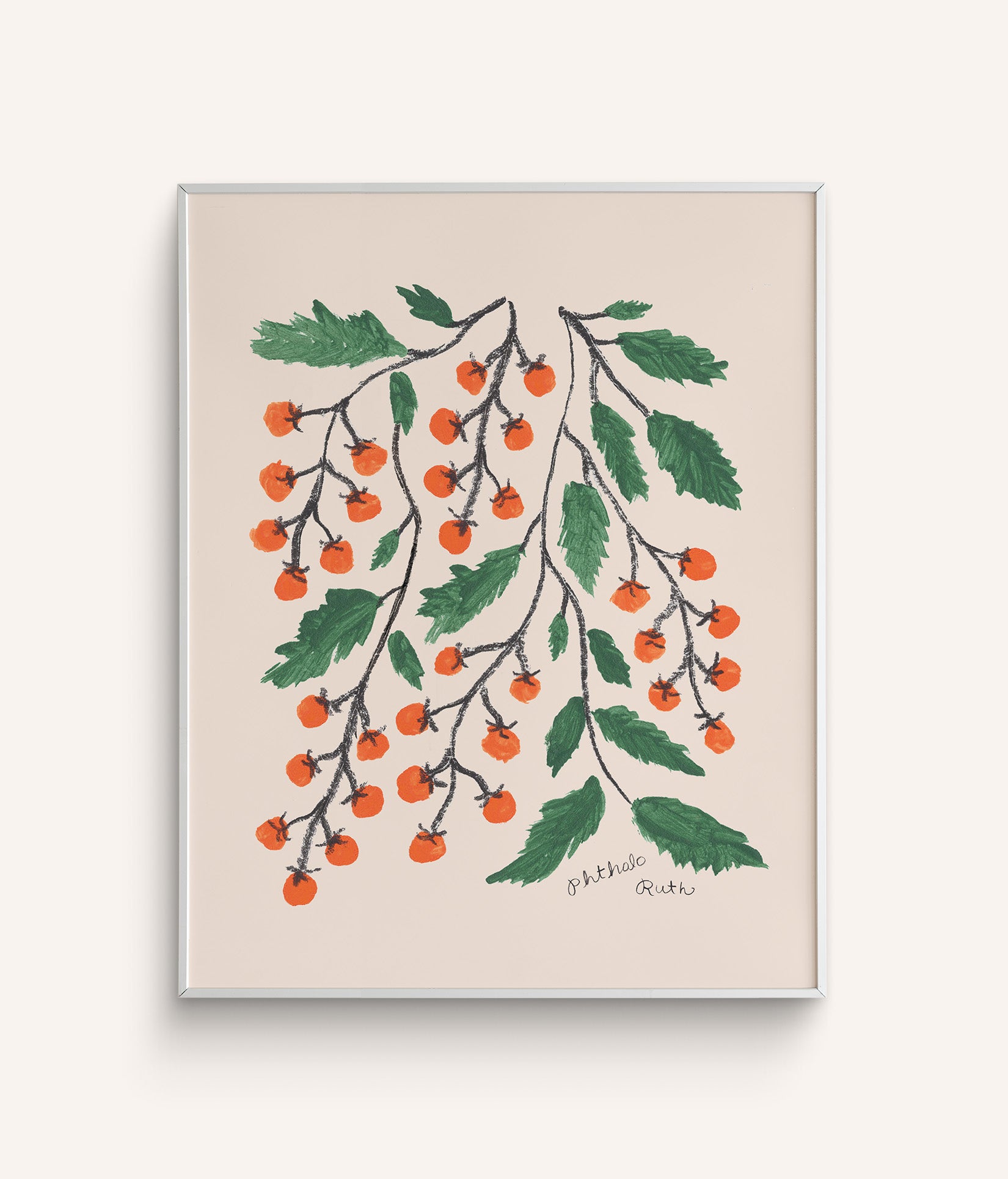 A playful art print featuring clusters of small red tomatoes on charcoal drawn vines and painted green leaves on a white background. 
